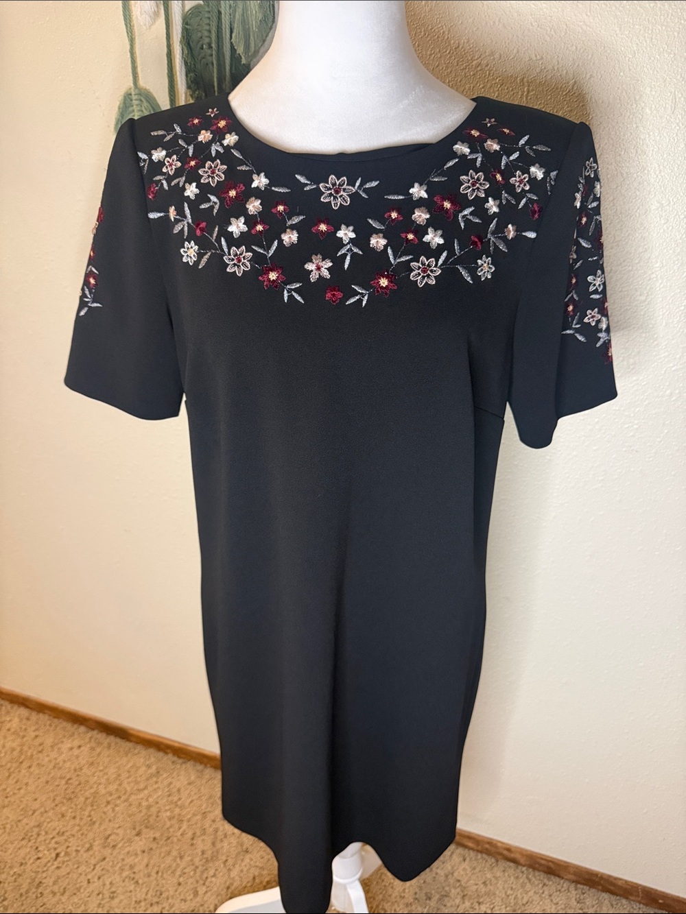 Calvin Klein Black Midi Dress with Red and White Floral Embroidery